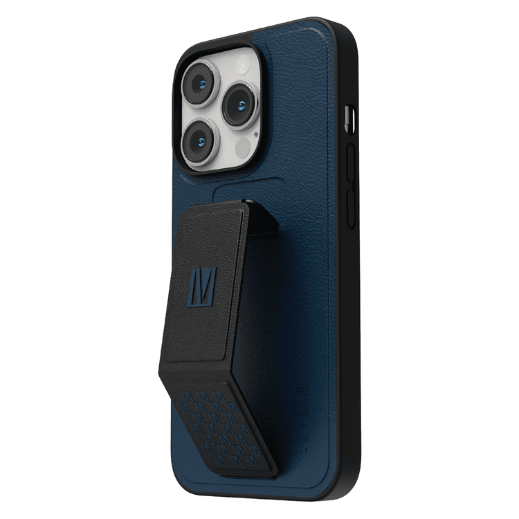 Levelo Morphix Grip Stand PU Leather Case iPhone 14 Pro Compatibility - Storm Blue
