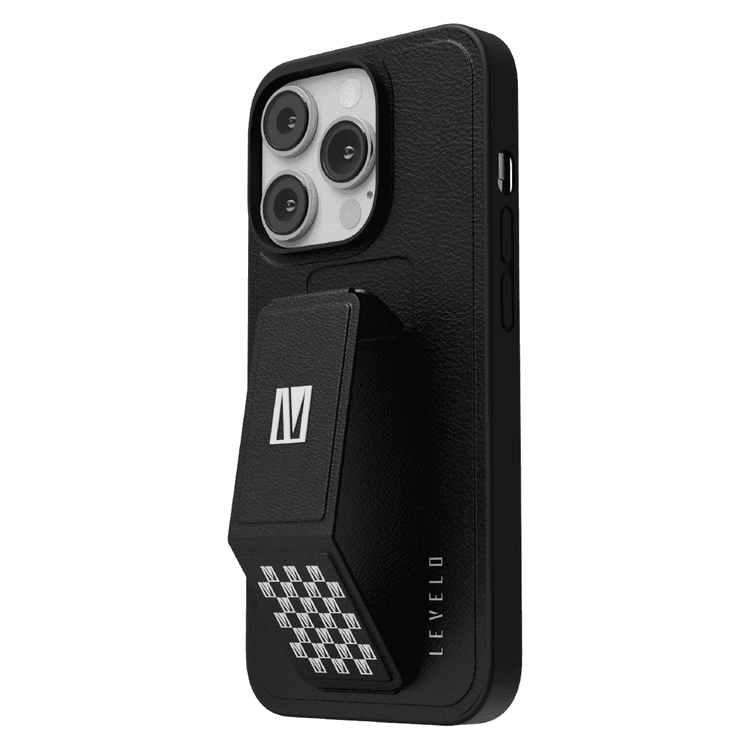 Levelo Morphix Grip Stand PU Leather Case iPhone 14 Pro Compatibility - Black