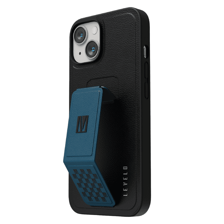 Levelo Morphix Grip Stand PU Leather Case iPhone 14 Plus Compatibility - Pacific Blue