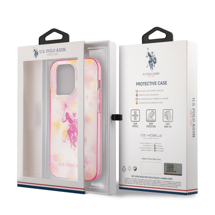 USPA PC/TPU Case with Tie&Dye Design & Horse Logo iPhone 14 Pro Max Compatibility - Pink
