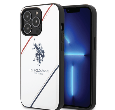 USPA PU Leather Case with Embossed Double Line & Horse Logo iPhone 14 Pro Max Compatibility - White