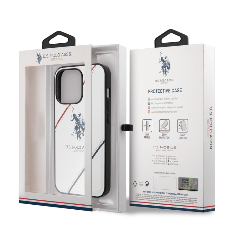 USPA PU Leather Case with Embossed Double Line & Horse Logo iPhone 14 Pro Max Compatibility - White