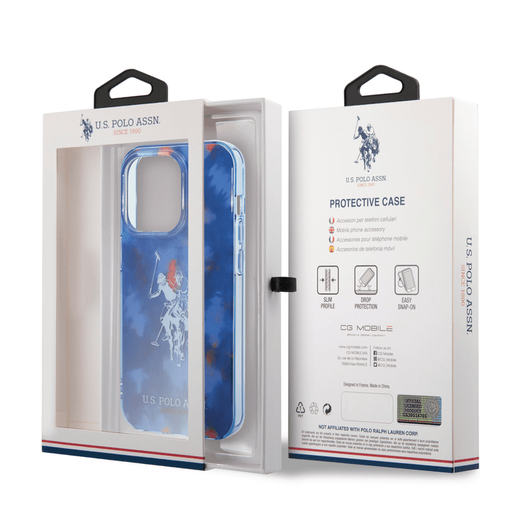 USPA PC/TPU Case with Tie&Dye Design & Horse Logo iPhone 14 Pro Compatibility - Blue