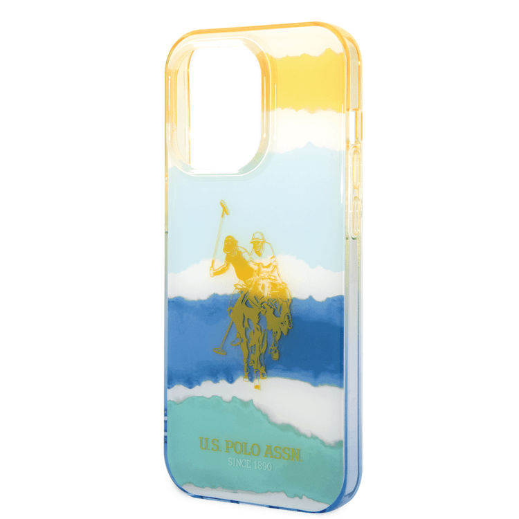 USPA PC/TPU Case with Blurred Stripes & Horse Logo iPhone 14 Pro Compatibility - Yellow