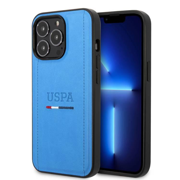 USPA PU Leather Case with Tricolor Stitches & Initials Full Protection iPhone 14 Pro Max Compatibility - Blue
