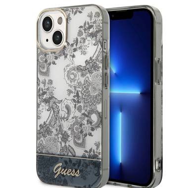 Guess PC/TPU IML Case with Double Layer Electroplated Camera Outline & Toile De Jouy iPhone 14 Plus Compatibility - Ochre
