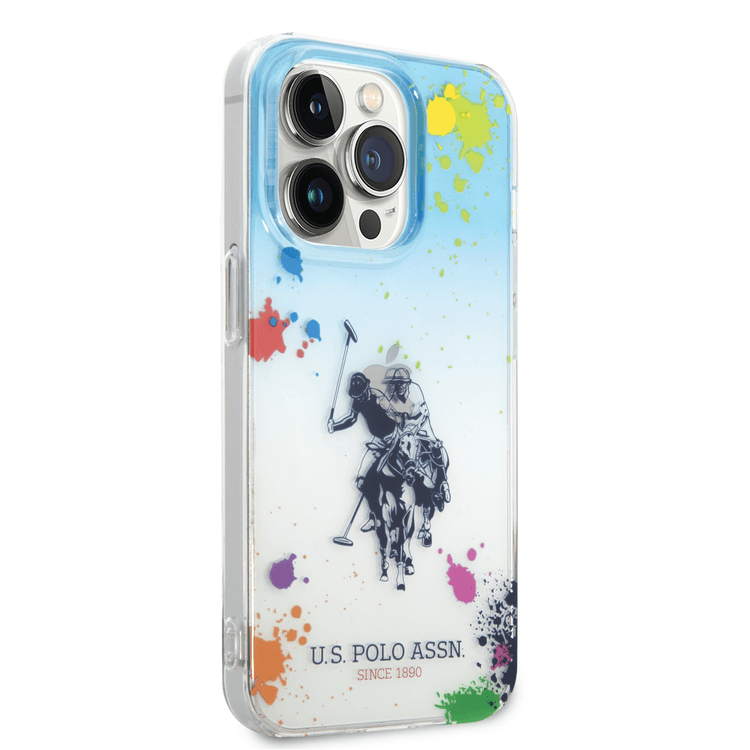 USPA PC/TPU Gradient Case with Splattered Pattern & Horse Logo iPhone 14 Pro Max Compatibility - Blue