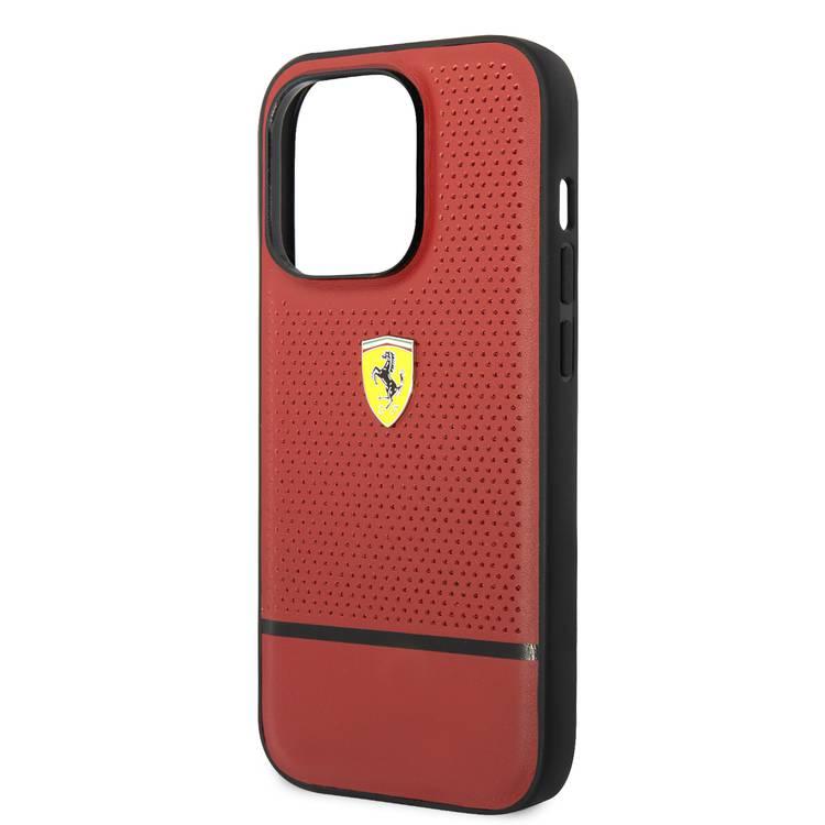 جراب Ferrari جلد أصلي مثقوب وخط متباين سفلي لهاتف iPhone 14 Pro Max - أحمر