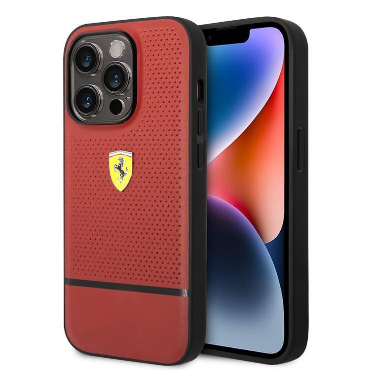 جراب Ferrari جلد أصلي مثقوب وخط متباين سفلي لهاتف iPhone 14 Pro Max - أحمر