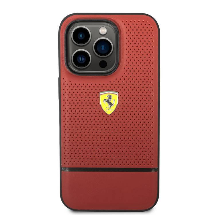 Ferrari Genuine Leather Case Perforated and Bottom Contrasted Line iPhone 14 Pro Max - Red