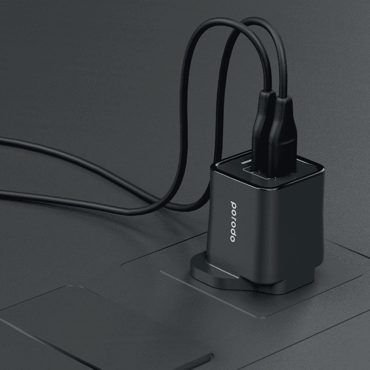 Porodo Dual Port Wall Charger 2.4A with 1.2m Type-C Cable - Black