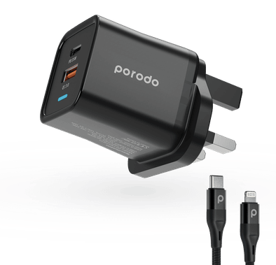 Porodo Dual Port PD + USB-A (35W+18W) Charger with Type-C To Lightning - Black