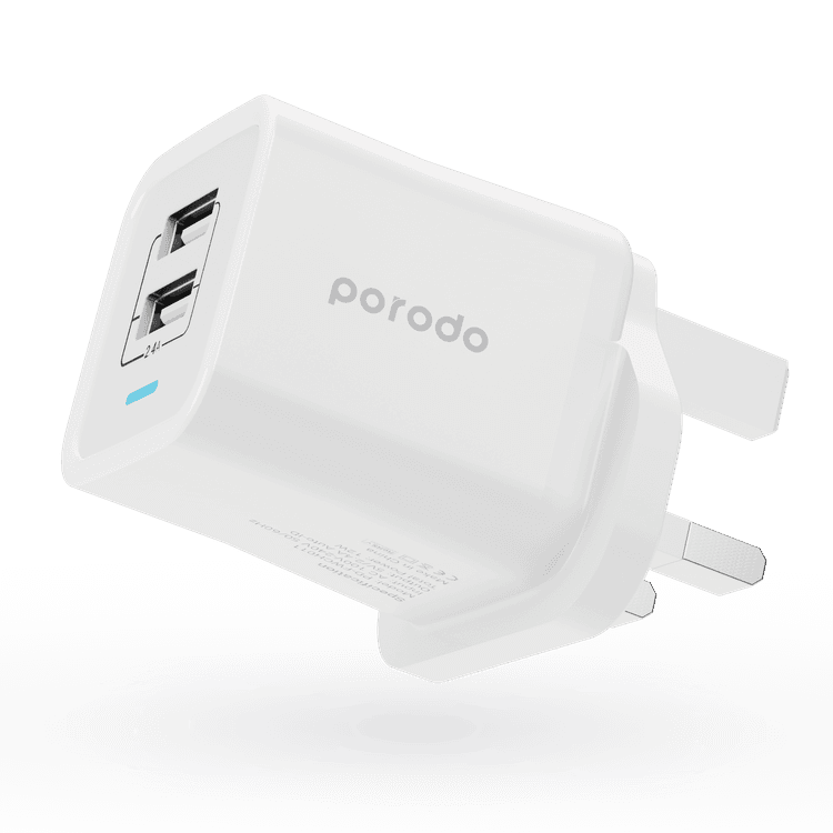 Porodo Dual Port Wall Charger 2.4A with 1.2m Lightning Cable - White