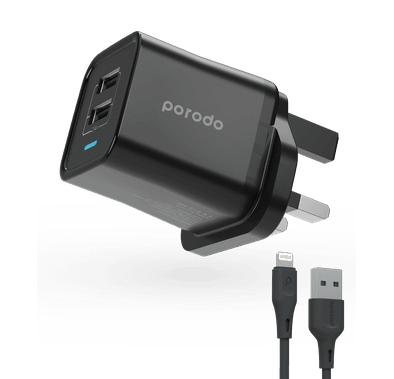 Porodo Dual Port Wall Charger 2.4A with 1.2m Lightning Cable - Black
