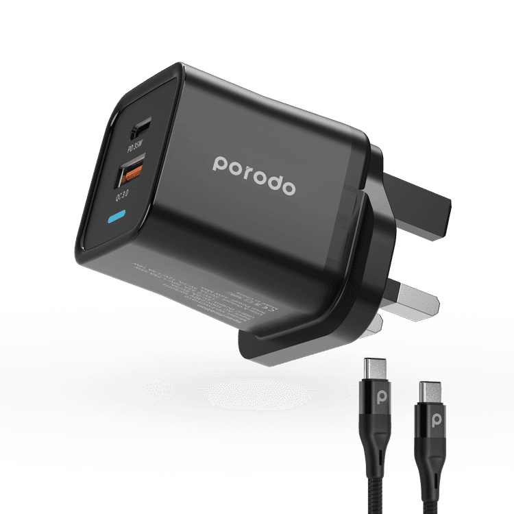 Porodo Dual Port PD + USB-A (35W+18W) Charger with Type-C To Type-C Cable - Black
