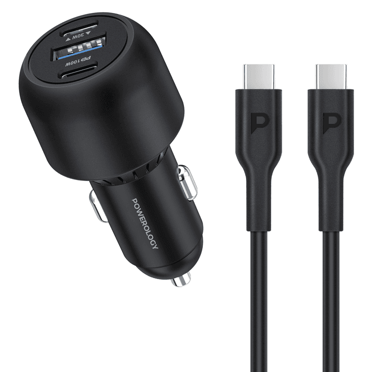 Powerology Ultra-Quick Car Charger 130W with 0.9m/3ft Type-C To Type-C Cable - Black