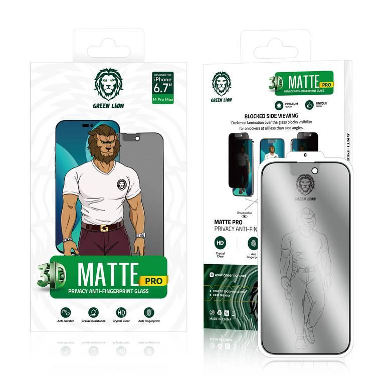 واقي شاشة زجاجي للخصوصية من Green Lion 3D AG / Matte لهاتف iPhone 14 Pro Max - أسود