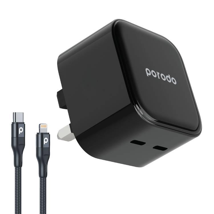 Porodo Super-Fast Dual USB-C Wall Charger With 1.2m Type-C To Lightning Cable - Black
