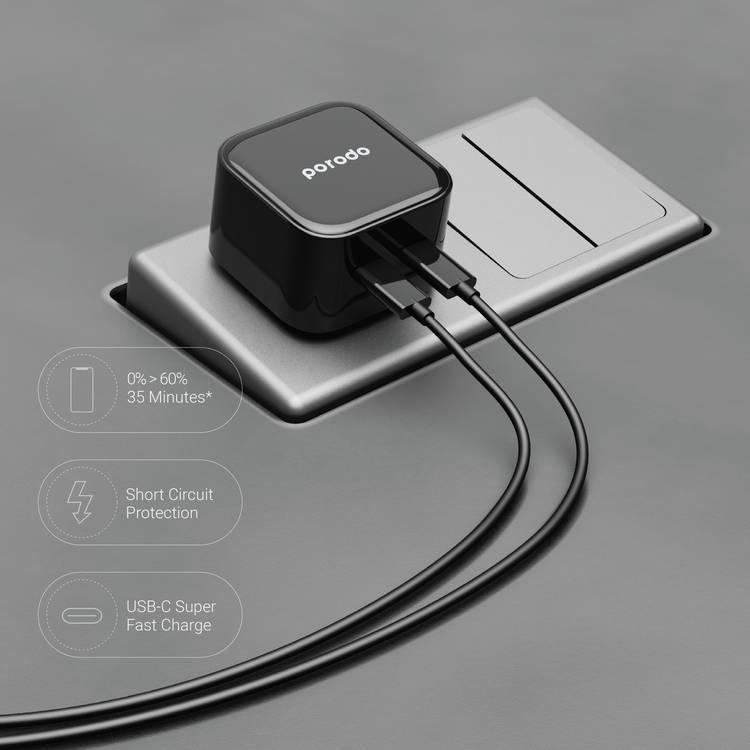 شاحن جداري مزدوج USB-C فائق السرعة من بورودو مزود بكابل من النوع C إلى Lightning بطول 1.2 متر - أسود