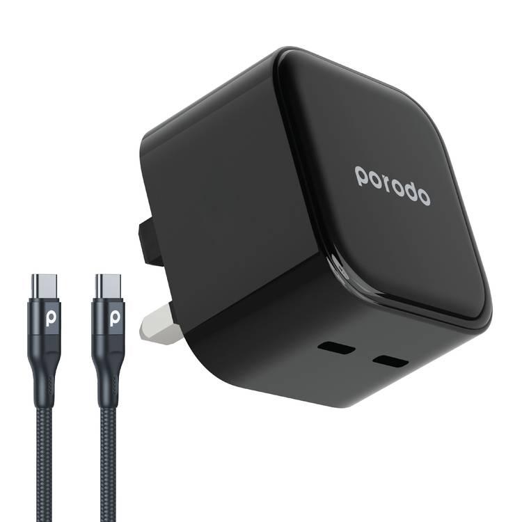 Porodo Super-Fast Dual USB-C Wall Charger With 1.2m Type-C To Type-C Cable - Black