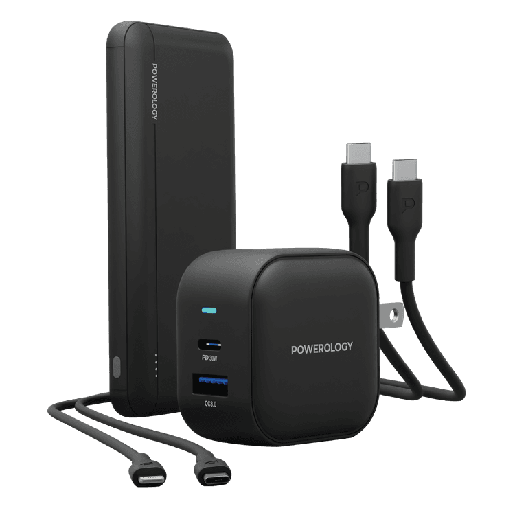 Powerology 5 in 1 Universal Power Combo 10000mAh PD Power Bank & 38W Charger World Travel Kit & Fast Charging PVC Cable - Black