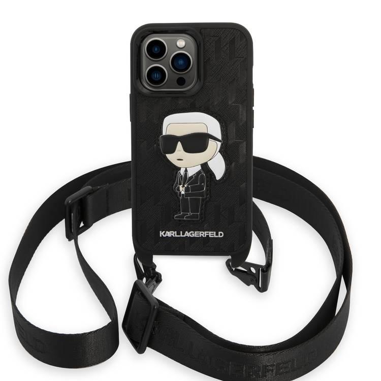 حقيبة كارل لاغرفيلد بحزام كروس مونوغرام مع رقعة NFT Ikonik لهاتف iPhone 14 Pro - أسود