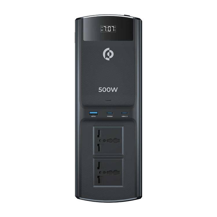 Powerology 500W Universal MultiPort Car Inverter with 30W Dual USBC PD &amp; QC3 USB-A Output ، مضمن 50 سم بطارية تمساح وكابل ولاعة السجائر