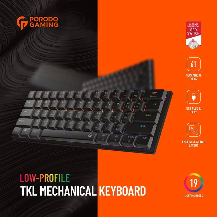 لوحة مفاتيح Porodo Gaming Low-Profile TKL الميكانيكية تخطيط اللغة الإنجليزية والعربية
