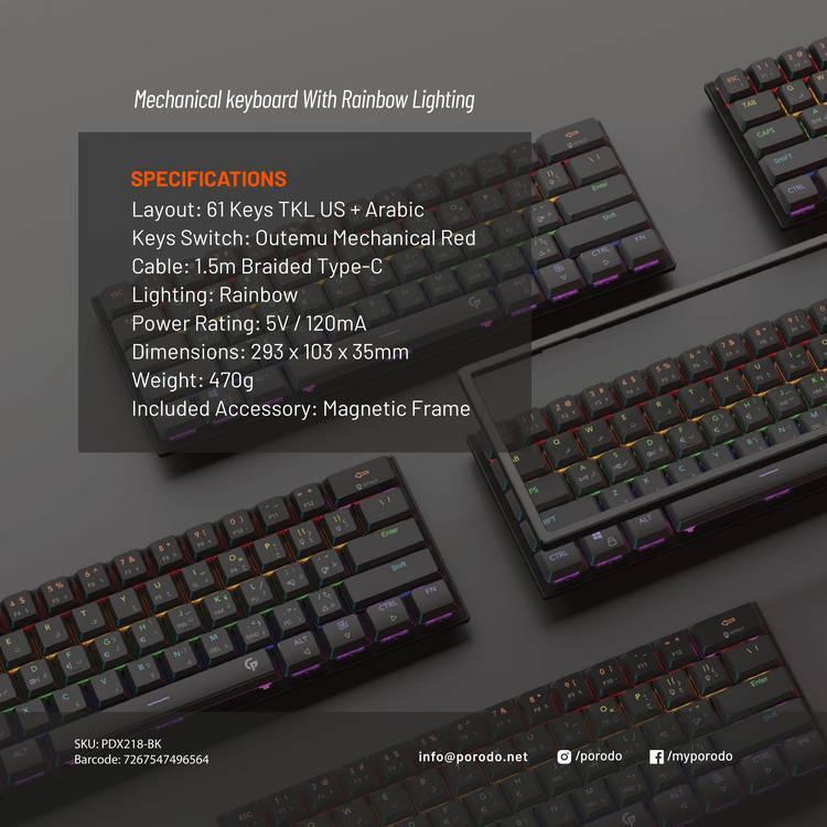 لوحة مفاتيح Porodo Gaming Low-Profile TKL الميكانيكية تخطيط اللغة الإنجليزية والعربية