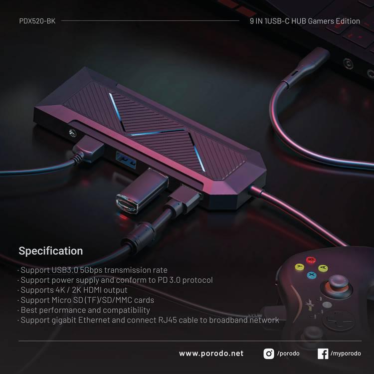 Porodo Universal 9 in 1 USB-C Hub Gamers Edition - أسود