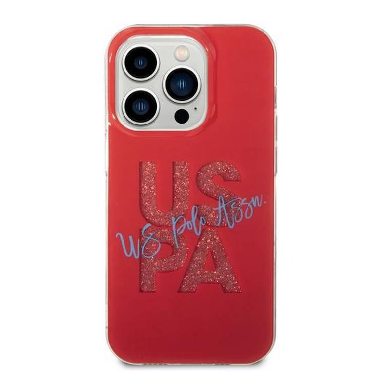 U.S. Polo Glitter Script Card Case iPhone 14 Pro Max - Red