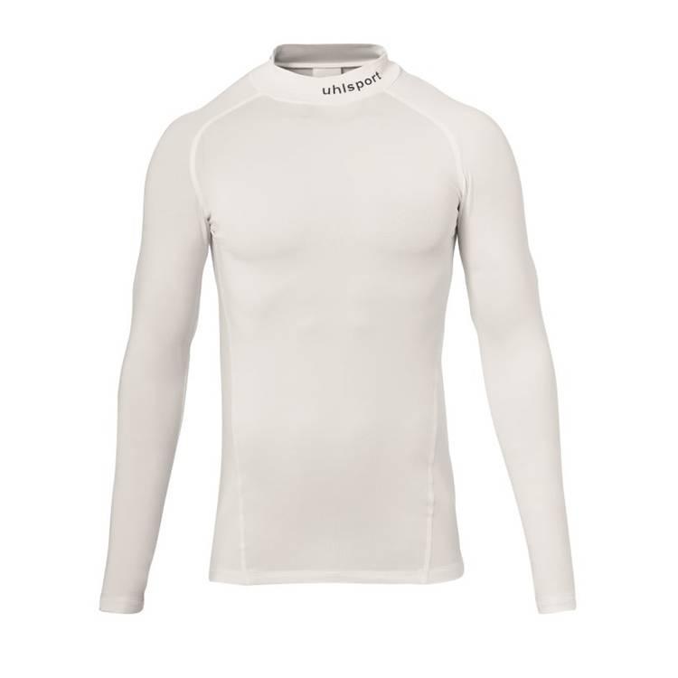 uhlsport Men's Tight T-Shirt, Dry tech base, For all kind of sports training, Round & standing collar, Very light elastic fabric, Slim Fit, Long sleeves - White - 2XL