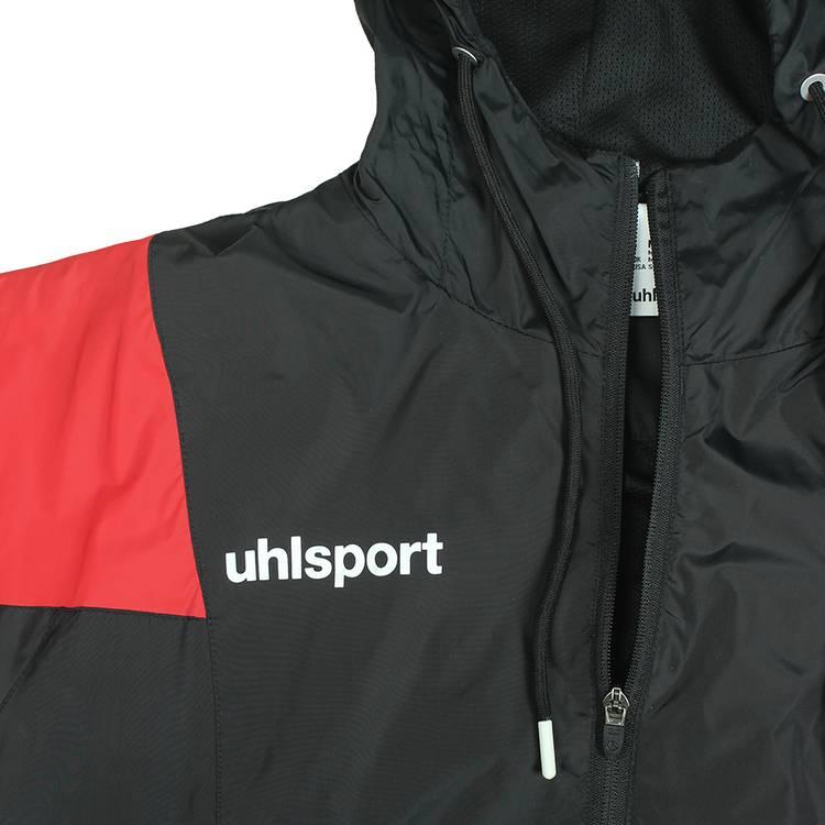 uhlsport Rain Jacket, Smart breathe® FIT, Waterproof for all kinds of sports in cold and rainy weather, Adjustable hat, Elastic sleeves, Two side Zipped pockets - Black / Red  - M