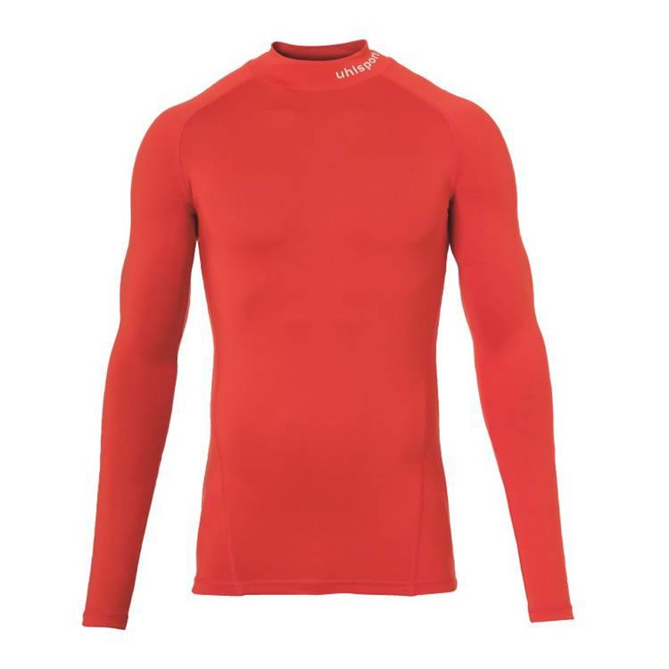 uhlsport Men's Tight T-Shirt, Dry tech base, For all kind of sports training, Round & standing collar, Very light elastic fabric, Slim Fit, Long sleeves - Red - L