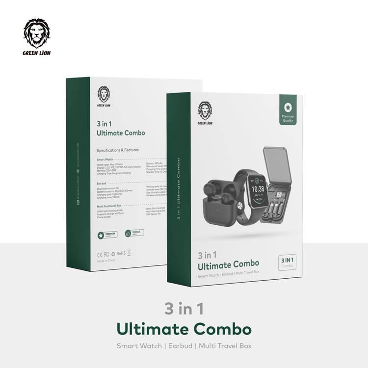 Green Lion 3 in 1 Ultimate Combo (ساعة ذكية وسماعات أذن وصندوق متعدد الوظائف) - أسود