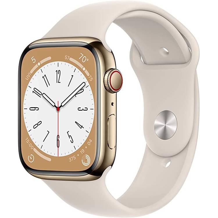 Apple watch series 8 (GPS + Cellular) - Gold Stainless Steel Case, Starlight Sport Band - 45 MM