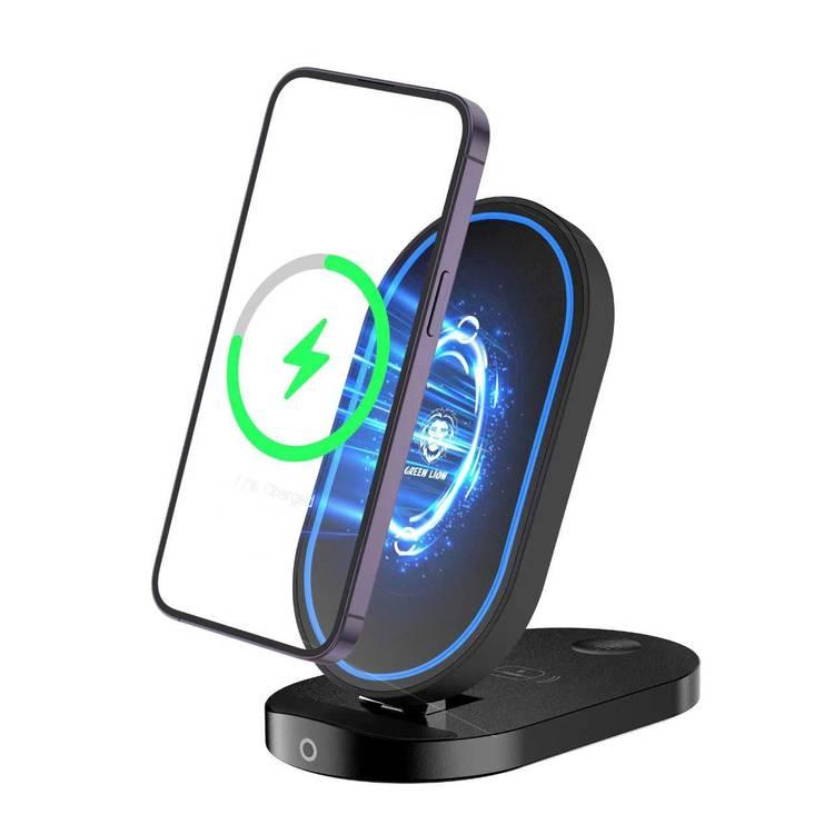 Green Lion 3 In 1 Foldable Bracket Wireless Charger - Black