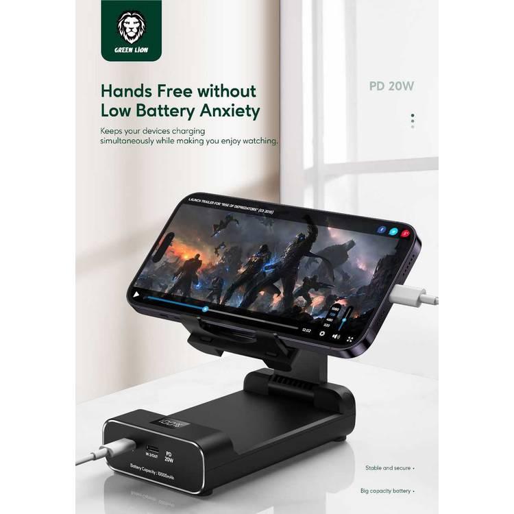 Green Lion 10000mAh Power Bank and Foldable Mobile Stand - Black