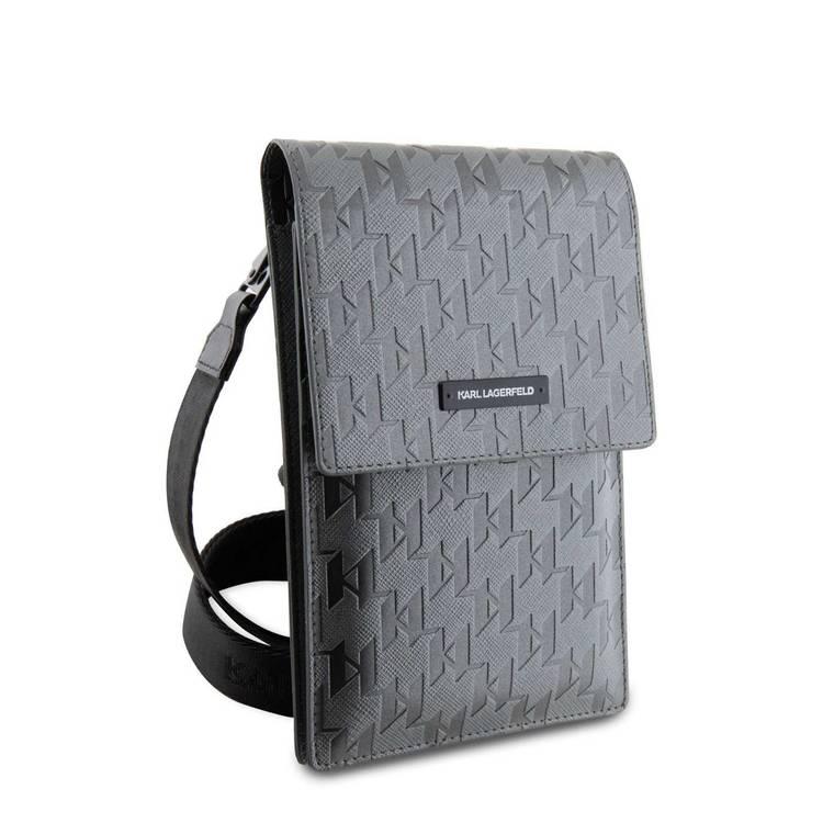 Karl Lagerfeld Monogram Plate Phone Pouch with Strap and Cardslots - Grey