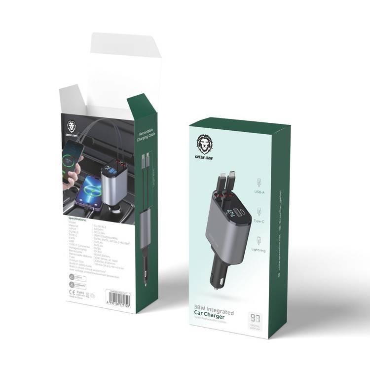 38W Green Lion Car Charger with Retractable Cables