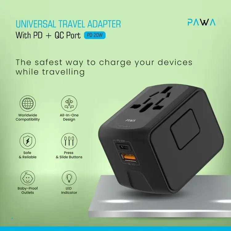 PAWA Universal Travel Adapter with PD 20W + QC - Black