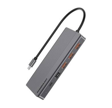 Powerology 13in1 USB-C Hub 4K HDMI Type-C 100W PD Ethernet USB SD MicroSD 3.5AUX - Dark