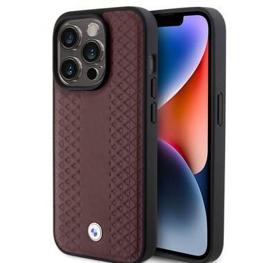 BMW Leather Case with Sign Diamond Pattern for iPhone 15 Pro  - Burgundy