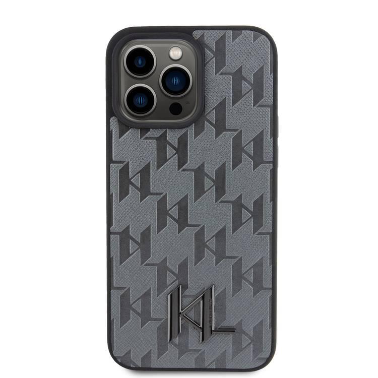 Karl Lagerfeld Hot Stamp Hard Case with Monogram KL Metal Logo for iPhone 15 Pro Max - Grey