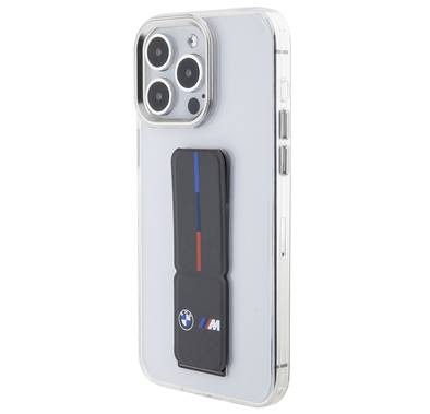 BMW M Grip Stand Clear Case with Leather Grip & Perforated Pattern for iPhone 15 Pro Max - Grey