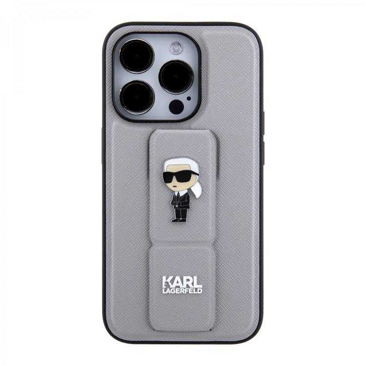 Karl Lagerfeld Saffiano Leather Grip Case With Karl Ikonik Logo - Silver - iPhone 15 Pro Max