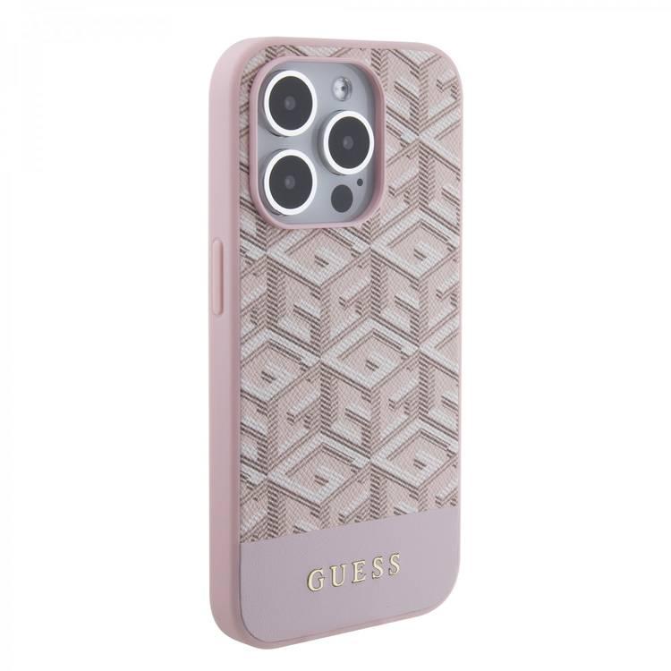 Guess Magsafe Leather Case with Gcube Stripe Pattern - Pink - iPhone 15 Pro