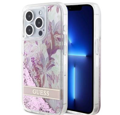 Guess HC Liquid Glitter Case with Flower Pattern  - Pink - iPhone 15 Pro Max
