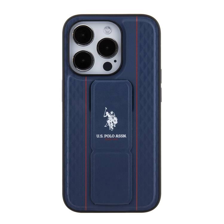 U.S.Polo Assn. PU Leather Textured Pattern Grip Stand Case for iPhone 15 Series - Navy - iPhone 15 Pro Max