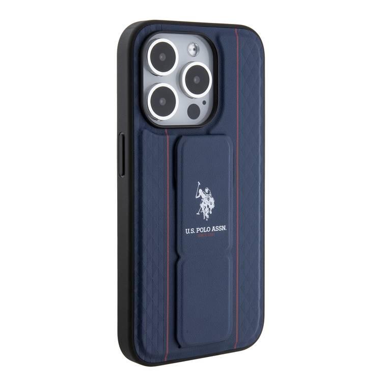 U.S.Polo Assn. PU Leather Textured Pattern Grip Stand Case for iPhone 15 Series - Navy - iPhone 15 Pro Max